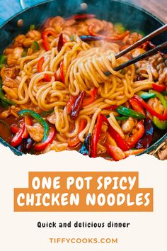 one pot spicy chicken noodles in a skillet with chopsticks