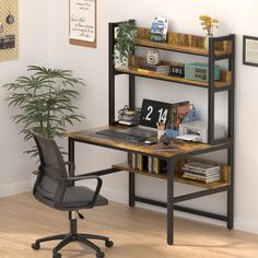 a computer desk with a book shelf above it and a chair in front of it