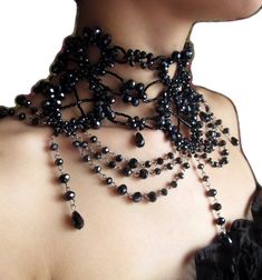 Gothic Black Beads Choker, Gothic Black Bead Choker, Gothic Choker For Parties, Gothic Choker Jewelry For Party, Gothic Beaded Jewelry For Evening, Black Costume Jewelry Necklaces For Wedding, Black Fantasy Necklaces For Parties, Gothic Handmade Formal Necklace, Gothic Chain Jewelry For Evenings