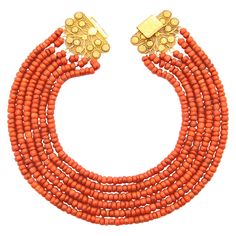 This antique 19th century red coral necklace is set with a large 18 karat gold clasp. The clasp is made of fine filigree and cannetille work, the craftsmanship is stunning. The closure of the clasp has a lovely floral engraving. The six strands are created of natural coral set with barrel-shaped beads and strung with red thread. The coral is of good quality and has a beautiful color- Corallium Rubrum. In the 16th century, the traditional costume was created in the Netherlands, including jewelry made of coral, which lasted until the 20th century. These types of jewels represent a varied and rich historical Dutch cultural heritage, worn by women in some parts of the Netherlands. This type of necklaces were especially worn in the northern part of The Netherlands. The necklace is in very good Multi Layer Necklace Beads, Fine Embroidery, Red Coral Necklace, Coral Beads Necklace, Boheme Chic, Zodiac Designs, Woman Jewelry, Living Coral, Gold Bead Necklace