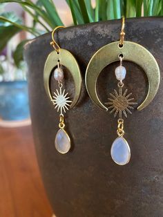 Handmade sun and moonstone earrings. ✨Made with love and intention✨ Hypoallergenic 18k gold plated sterling silver. FOLLOW: Insta: @alchemistreasure ✨P R O D U C T I O N - T I M E ✨ Each pair of my lovingly handcrafted earrings is naturally one of a kind and hand made to order. Please allow 2-4 business days for production. If you have a specific deadline, please let me know and I will do my best to accommodate you! ✨N A T U R A L - V A R I A T I O N ✨ Please note, these stones are real, raw, an Celestial Hypoallergenic Earrings For Everyday, Hypoallergenic Celestial Earrings For Everyday, Gold Crescent Spiritual Earrings, Gold Moonstone Jewelry With Moon Phase, Everyday Gold Moonstone Jewelry, Celestial Dangle Earrings For Everyday, Celestial Teardrop Earrings Gift, Celestial Teardrop Earrings For Gift, Everyday Celestial Dangle Earrings