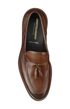 A dapper tassel embellishes the vamp of this sophisticated Italian-made loafer featuring a hand-stained, hand-finished calfskin upper and flexible sole. Memory foam cushioning Vibram® Morflex shock-absorbing sole Leather upper and lining/synthetic sole Made in Italy Semi-formal Italian Tassel Loafers With Plain Toe, Timeless Italian Tassel Loafers, Elegant Calf Leather Tassel Loafers With Moc Toe, Classic Leather Tassel Loafers, Formal Leather Loafers With Tassels, Formal Leather Dress Shoes With Tassels, Timeless Calf Leather Tassel Loafers With Wingtip, Timeless Wingtip Tassel Loafers In Calf Leather, Timeless Leather Wingtip Tassel Loafers