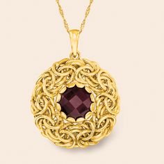 Ross-Simons - Italian 4.50 Carat Garnet Byzantine Pendant in 14kt Yellow Gold. Our classic Byzantine design is enhanced with a dash of color. This chic pendant showcases a deep-hued 4.50 carat garnet at the center of a polished 14kt yellow gold Byzantine circle design. Made in Italy. Single bale fits a chain up to 1.9mm, sold separately. Garnet Byzantine pendant. Garnet birthstones are the perfect gift for January birthdays. Byzantine Design, Byzantine Jewelry, Garnet Birthstone, January Birthday, Circle Design, Garnet, 50 %, Fine Jewelry, Yellow Gold