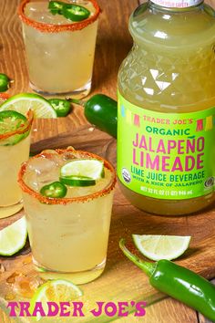 Trader Joe's Organic Jalapeño Limeade; shown in 3 glasses with chile lime salted rims, garnished with jalapeño slices and lime wedges Jalapeño Limeade, Jalapeno Lemonade, Limeade Margarita, Limeade Drinks, Spicy Margarita Recipe, Homemade Sorbet, Chile Jalapeño, Trader Joes Recipes