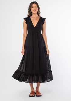 Ultra-romantic and versatile, our mid-length dress is designed in a textured shadow stripe. Featuring short flutter sleeves and a plunging surplice v-neckline. The strappy lace-up back can be adjusted to fit you just right. FINAL SALE Shadow stripe Relaxed fit Flowy skirt Flutter cap sleeve Mid-length Tiered skirt Surplice v-neckline Adjustable lace-up back Sheer Lining attached Bohemian maxi dress Model is 5'9, wearing a size S.Style: I-72822WL-RGS White Boho Dress, Bohemian Maxi, Bohemian Maxi Dress, White Midi, Flowy Skirt, Mid Length Dresses, White Midi Dress, Tier Skirt, Boho Women