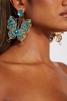 Available In Gold/Clear, Gold/Blue, And Gold/Pink. Drop Earrings Butterfly Design Rhinestone Detail Post Back Closure Final Sale Imported | Catching Butterflies Earrings in Gold/Blue by Fashion Nova Butterfly-shaped Rhinestone Party Jewelry, Party Jewelry With Rhinestones And Butterfly Shape, Party Jewelry With Rhinestones In Butterfly Shape, Butterfly-shaped Party Jewelry With Rhinestones, Butterfly Shaped Party Jewelry With Rhinestones, Butterflies Earrings, Catching Butterflies, Pink Drop Earrings, Butterfly Earrings Gold