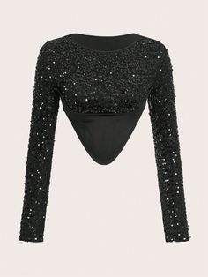 Black Party Collar Long Sleeve Sequins Plain  Embellished High Stretch  Women Clothing Fitted Long Sleeve Tops For Club, Stretch Long Sleeve Club Tops, Stretch Long Sleeve Tops For Club, Long Sleeve Stretch Tops For Club, Fall Party Crop Top With Crew Neck, Fall Crew Neck Crop Top For Party, Summer Party Fitted Long Sleeve Top, Fitted Long Sleeve Top For Summer Party, Long Sleeve T-shirt For Fall Party