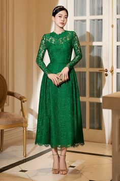 Women's Isadora A-line Long Sleeved Lace Midi Dress S/M/L/XL Dark Green MEAN BLVD Emerald Green Lace Dress, Luxurious Dress, Mother Of The Bride Dresses Long, Lace Dress Design, Luxurious Dresses, Types Of Lace, Dress Book, Green Lace Dresses, Mean Blvd