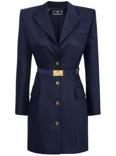 navy blue virgin wool blend twill weave gold-tone hardware belt loops peak lapels V-neck front button fastening detachable and adjustable waist belt two side flap pockets thigh-length straight hem Twill Coat, Mini Dress Blue, Yoko London, City Dress, Twill Weave, Summer Beach Wear, Lady Dior, Dress Blue, Coat Dress