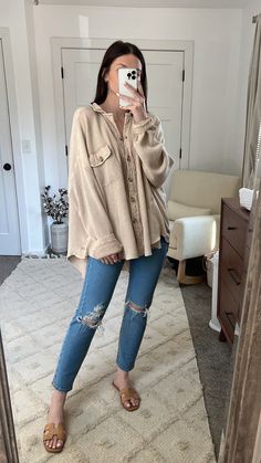 Comfy Casual Outfits Spring, Shacket Outfit Casual, Shacket Casual Outfit, Fall Cute Casual Outfits, Jean Jacket Shirt Outfit, Dress With Shacket Outfit, Special Ed Outfits, Summer Shacket, Comfy Cute Work Outfits