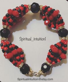 "Handmade Elegua Inspired Bracelet made with high quality glass beads. Elegua is the most important of the orishas in santeria. He is the key to any of our religious practices, for without Elegua's blessings nothing can proceed. Colors: Red and Black Number: 3 Item made to order. Will measure approximately 7.5\" unless you request a different size. *All items will be saged prior to shipping *Please visit my store each week for new items" Red Spiritual Beaded Bracelets For Blessing, Spiritual Red Beaded Bracelets For Blessing, Spiritual Healing Stretch Bracelet With Faceted Beads, Red Spiritual Bracelet With Black Beads, Red Spiritual Beaded Bracelets For Meditation, Spiritual Black Beads Bracelet For Gift, Spiritual Faceted Bead Bracelet, Spiritual Black Beads Stretch Bracelet For Healing, Spiritual Healing Crystal Bracelet With Spacer Beads