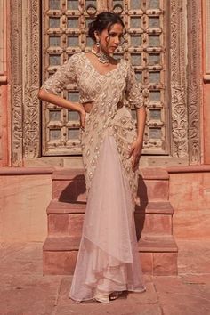 Shop for Nidhika Shekhar Beige Silk Natyanjali Embroidered Pre-draped Ruffle Saree With Blouse for Women Online at Aza Fashions Drape Sarees Designer, Drape Sari, Scalloped Fabric, Draped Saree Gown, Pre Draped Saree, Drape Sarees, Saree Jackets, Scalloped Blouse, Draped Saree