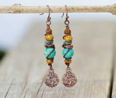 Boho Copper Turquoise Earrings, Colorful Stacked Bead Dangle Earrings, Bohemian Earrings - Etsy Bohemian Brown Wire Wrapped Beaded Earrings, Earthy Turquoise Dangle Earrings, Purple Dangle Earrings, Petite Earrings, Bead Dangle Earrings, Unique Handmade Earrings, Bijoux Fil Aluminium, Casual Earrings, Earrings Colorful