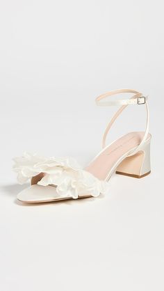 Loeffler Randall Aria Scalloped Ruffle Mid Heel Sandals with Ankle Strap | Shopbop Unique Bridal Shoes, Low Heel Wedding Shoes, Bridal Shoes Low Heel, Wedding Shoes Low Heel, Low Heel Flats, Loeffler Randall Shoes, Mid Heel Sandals, Wedding Shoes Heels, Heel Caps