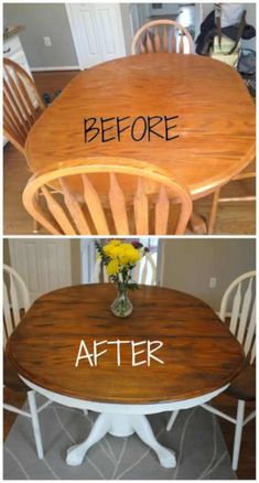 before and after photos of a dining room table that has been refinished with white paint