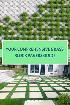 Grass block pavers arranged in grid patterns on the ground in different settings with greenery and residential backdrop. Title text overlay: "Your Comprehensive Grass Block Pavers Guide". Pavers With Grass In Between, Fake Grass Backyard, Round Pavers, Grass Block, Permeable Paving, Permeable Pavers