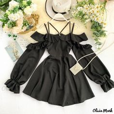 Olivia Mark - Sunshine Hollow Out Cold Shoulder Dress with Ruffled Bubble Sleeves Black Off-shoulder Ruffled Dresses, Black Off-shoulder Ruffle Dress, Black Off-shoulder Dress With Ruffles, Black Off-shoulder Dress With Ruffle Hem, Black Ruffled Dresses For Fall, Black Off-shoulder Dress For Spring, Trendy Black Ruffled Dress, Trendy Black Dress With Ruffles, Black Ruffle Dress For Day Out