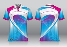 the front and back view of a blue, pink and white shirt with swirls on it