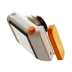 an orange and white object with a wooden handle on it's side, against a white background