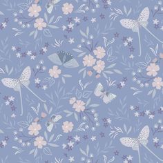 a blue floral wallpaper with butterflies and flowers