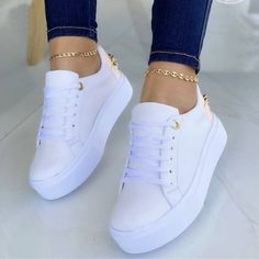 Category:Sneakers; Upper Materials:PU Leather,PU; Season:Fall,Spring; Heel Type:Platform; Gender:Women's; Toe Shape:Round Toe; Style:Minimalism,Casual,Sporty; Heel Height(inch):1-2; Outsole Materials:Rubber; Occasion:Daily; Closure Type:Lace-up; Pattern:Solid Colored; Listing Date:10/12/2022; Production mode:Self-produce; 2024 Trends:White Shoes,Platform Sneakers; Foot Length:; Foot Width:; Size chart date source:Provided by Supplier.; US Size:null; UK Size:14.5; EU Size:50 Classic Slippers, White Shoes Sneakers, Style Sportif, Orthopedic Shoes, Sporty Casual, White Sneakers Women, Casual Sneakers Women, White Shoes Women, White Pumps