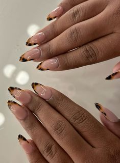 Cheetah turtoise print french tips nude black brown almond nails classy Leopard Tip Nails Almond, Brown Tips Almond Nails, Tortie French Nails, Classy Cheetah Nails, Lepord Nails Acrylic Almond, French Tip Cheetah Print Nails, French Cheetah Nails, Acrylic Cheetah Nails, Cheetah Print French Nails