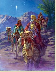 the three wise men are riding on camels in the desert, and one is looking at the star