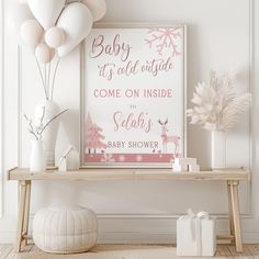 Oh Baby It's Cold Outside in PINK for a fun and festive baby GIRL shower this winter. Come see all the adorable PINK CHRISTMAS themed trees, deer, snowflakes and winter birds in this BABY SHOWER WELCOME SIGN. This sign is classic, yet modern and a great way to greet your guests to honor the mama to be. It is fully customizable and editable with text, graphics, color and style of fonts. This sign comes in a 24x36 AND 18x24 size. If you would like a different size, please message me!  MATCHING BUN Pink And White Christmas Baby Shower, Baby It’s Cold Outside Baby Shower Pink, Baby Its Cold Outside Baby Girl Shower Ideas, Baby Its Cold Outside Baby Shower Ideas Pink, January Baby Shower Themes Girl, Baby It’s Cold Outside Baby Shower Theme Girl Decor, Pink Christmas Baby Shower Ideas, Baby It’s Cold Outside Shower Theme, January Baby Shower Themes