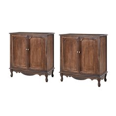 a pair of wooden cabinets sitting next to each other on top of a white background