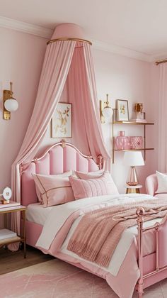 a pink and white bedroom with gold accents on the headboard, bed canopy, nightstands, and lamps