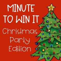 a christmas tree with the words,'minute to win it'in white lettering on a red background