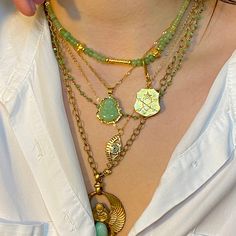 "Back in Stock! Seaglass Green Buddha set in gold vermeil with swivel lobster clasp, measures 9 1/4\" long. Shown with our Chalcedony beaded necklace sold separately. For more of our one of a kind jewelry and neck stack ideas go to our website: www.ficklefoxco.com" Handmade Gold Jade Beaded Necklaces, Gold Jade Beaded Necklaces With Gemstone Beads, Gold Jade Gemstone Beaded Necklaces, Gold Beaded Jade Necklace, Gold Jade Beaded Necklaces With Gemstones, Spiritual Gold Jade Beaded Necklaces, Spiritual Gold Jade Beaded Necklace, Gold Jade Necklaces With Round Beads, Gold Jade Necklace With Gemstone Beads