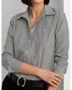 Elevate your everyday style with our Striped Button Front Top. This versatile shirt features a classic point collar and long sleeves with button cuffs, perfect for transitioning from work to weekend. The front button closures add a touch of sophistication, while the shirttail hem allows for easy tucking or wearing untucked for a more relaxed look. The subtle 'LRL' embroidery adds a touch of charm and showcases the quality craftsmanship of this imported piece. Crafted from high-quality fabric, this top offers a comfortable and flattering fit that will keep you looking and feeling great all day long. The timeless striped design adds a chic and polished touch to any outfit, whether you pair it with tailored trousers for the office or with your favorite jeans for a casual weekend look. This St Long Sleeve Cotton Shirt With Covered Buttons, Cotton Long Sleeve Shirt With Covered Buttons, Cotton Blouse With Button Closure And Casual Collar, Cotton Blouse With Casual Collar And Button Closure, Striped Cotton Blouse With Button Cuffs, Cotton Button-up Shirt With Covered Buttons, Classic Long Sleeve Tops With Button Closure, Fitted Casual Cotton Blouse, Cotton Long Sleeve Blouse With Covered Buttons