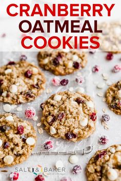 cranberry oatmeal cookies on a baking sheet with text overlay