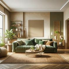 a living room filled with lots of furniture and plants on top of the tables in front of large windows