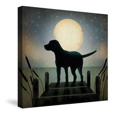 a painting of a dog standing on a dock with the moon in the background