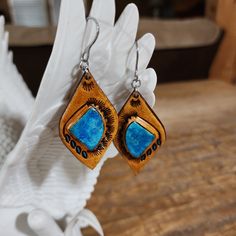 Handmade Blue Leather Earrings, Bohemian Hand-tooled Leather Earrings, Handmade Leather Turquoise Earrings, Handmade Turquoise Leather Earrings, Artisan Leather Nickel-free Earrings, Handmade Leather Earrings In Turquoise, Blue Leather Bohemian Earrings, Bohemian Turquoise Leather Earrings, Blue Bohemian Leather Earrings