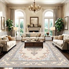 a living room with couches, chairs and a rug on the floor in front of two windows