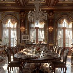 an elegant dining room with chandelier and windows