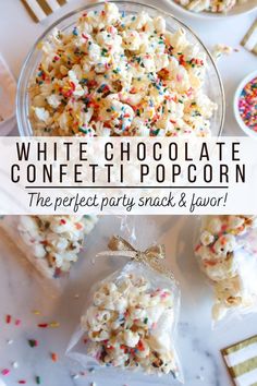 white chocolate confetti popcorn with sprinkles on top and the title overlay reads, white chocolate confetti popcorn the perfect party snack & flavor