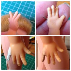 three pictures of hands and fingers on a doll's body