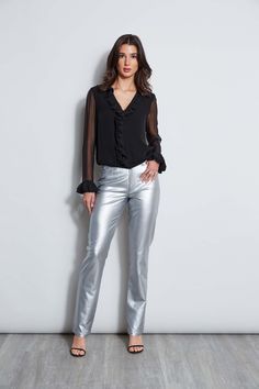 These will be the glam pants you can't get out of your head. Soft to the touch, you will fall in love with our Metallic Stretch Twill Pant. The jean styling & modern straight leg cut give it a cool vibe perfect for pairing with our luxe cashmere sweaters or crepe blazers. Elie Tahari Exclusive Silver Metallic Stretch Twill Pant 76% Polyester, 18% Viscose, 3% Elastane, 3% Polyurethane Runs true to size. Model is 5'9" and wearing size 2. Measurements: 11.5"L Front Rise, 32.5"L Inseam (approx. leng Metallic Jeans Outfit, Get Out Of Your Head, Silver Pants, Metallic Jeans, Black Friday Specials, Metallic Pants, Crepe Blazer, Single Button Blazer, Twill Pants