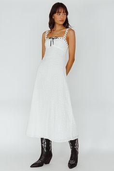 Sunbeam Eyelet Embroidery Bow Midi Dress White Eyelet Beach Dress, White Ribbon Dress, Textured White Dress, White Midi Dress Graduation, White Cotton Dress Outfit, White Graduation Dress Midi, Sorrento Outfits, White Midi Dress Outfit, 70s White Dress