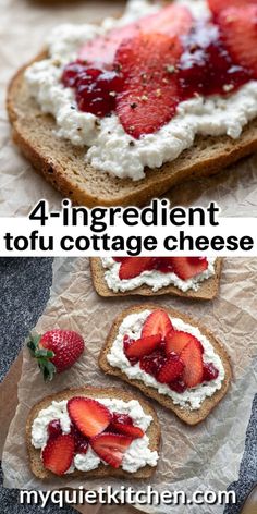 four different types of bread with cream cheese and strawberries on top, one is cut in half