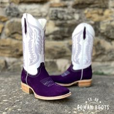 Crafted from rough purple leather vamp and white shaft, these boots provide a fashionable look. The riding heel and square toe provide stability and comfort with every step.  Leather outsole Handtooled cow hide vamp Leather lining Cow Leather Shaft Stitched sole White Western Boots With Square Toe, Fitted Western Purple Boots, Fitted Purple Western Boots, Rider Boots, Buy Boots, Mens Cowboy, Lady Riders, Cow Hide, Purple Leather