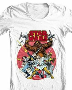 Star Wars retro design t-shirt original comic book 1970's cotton graphic tee Graphic Tee For Fan Conventions, Pop Culture Graphic Crew Neck Tops, Crew Neck T-shirt For Comic-con Streetwear, Graphic Print Crew Neck T-shirt For Fan Conventions, Pop Culture Fan Merchandise T-shirt With Crew Neck, Cotton Graphic T-shirt For Fan Conventions, Cotton T-shirt With Graphic Design For Fan Conventions, Pop Culture T-shirt For Fan Conventions, Graphic Tee With Character Print