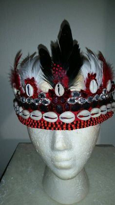 Crown for Orisha Orisa Ellegba Elegua adorned with cowrie shells rhinestones crystals guinea & goose Handmade Red Festival Headpieces, Red Handmade Festival Headpieces, Handmade Red Headpieces For Festivals, Traditional Handmade Headpieces For Carnival, Traditional Handmade Carnival Headpieces, Adjustable Red Ceremonial Headpiece, Red Bohemian Headpiece For Party, Bohemian Red Headpiece For Party, Red Ceremonial Headpiece For Festivals