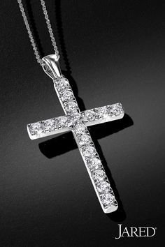 A powerful cross is adorned with brilliant round lab-created diamonds in this gorgeous women's pendant necklace, fashioned in 14K white gold.​ Not ready to shop yet? Pin to your board for later. ​ Gold Credit Card, Jewelry 2022, Diamond Cross Necklace, Necklace Clasps, Diamond Cross, Not Ready, Fall Jewelry, Lab Created Diamonds, Necklace Designs