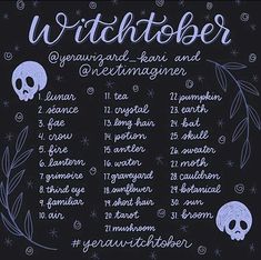 a blackboard with white writing on it that says witchtober and features skulls