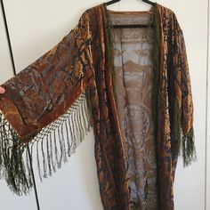 The Most Elegant Piece You May Ever Own. This Is One Size Dog Friendly Food, Velvet Fringe Kimono, Kimono Kaftan, Velvet Fringe, Duster Kimono, Sweaters Black, Bohemian Kimono, Velvet Kimono, Fringe Kimono